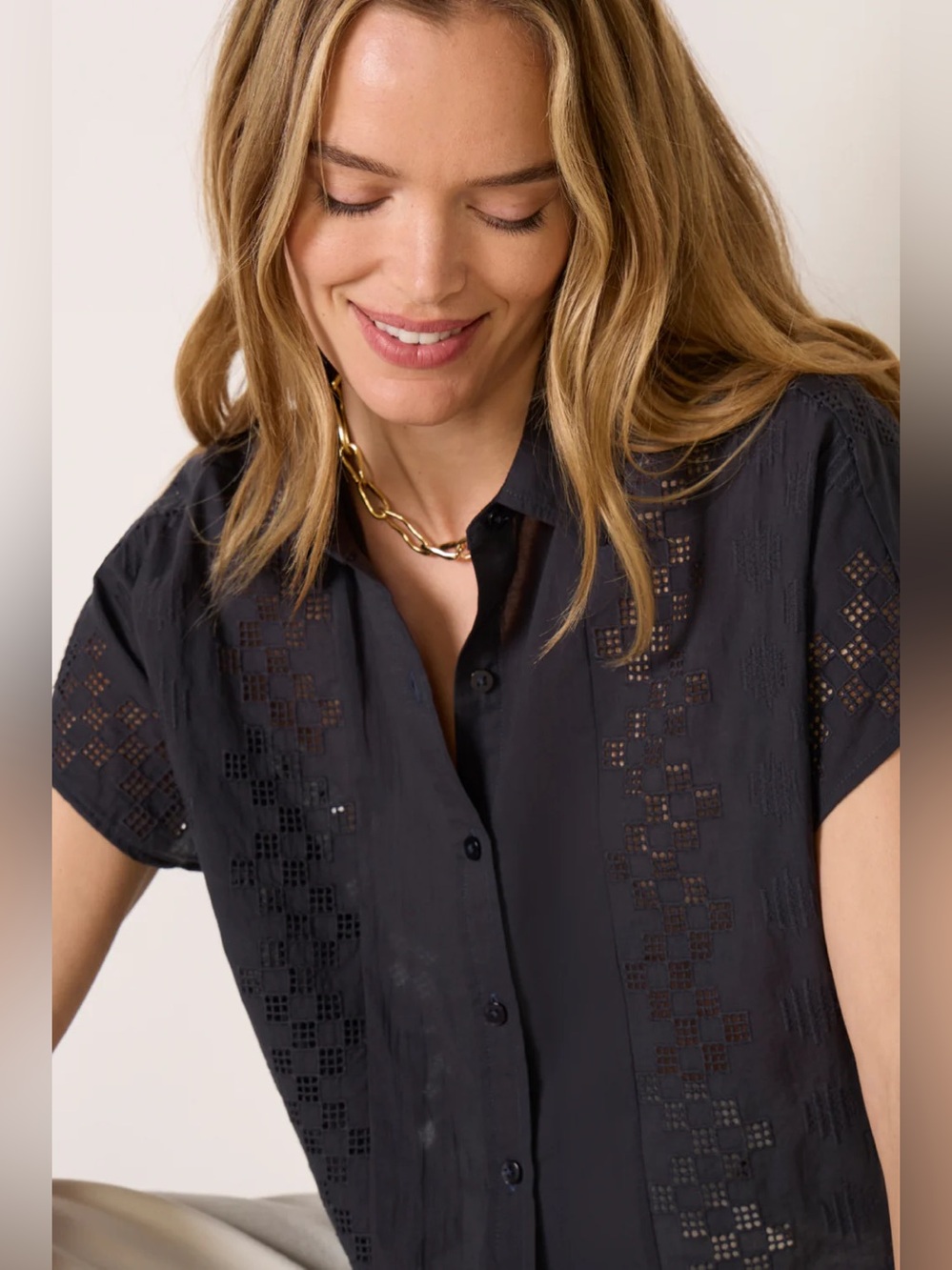 Splendid Black Eyelet Button-Front Crop Top